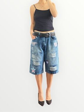 Seven Souls Mens Patchwork Distressed Denim Bermuda Shorts Size 36